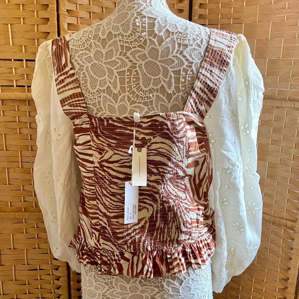 NWT: Anthropologie Love the Label Smocked Puff Sleeve Blouse Neutral Zebra XL